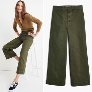 Madewell Womens Emmett Wide Leg Cropped Pants Green Pocket Button Fly Stretch 28